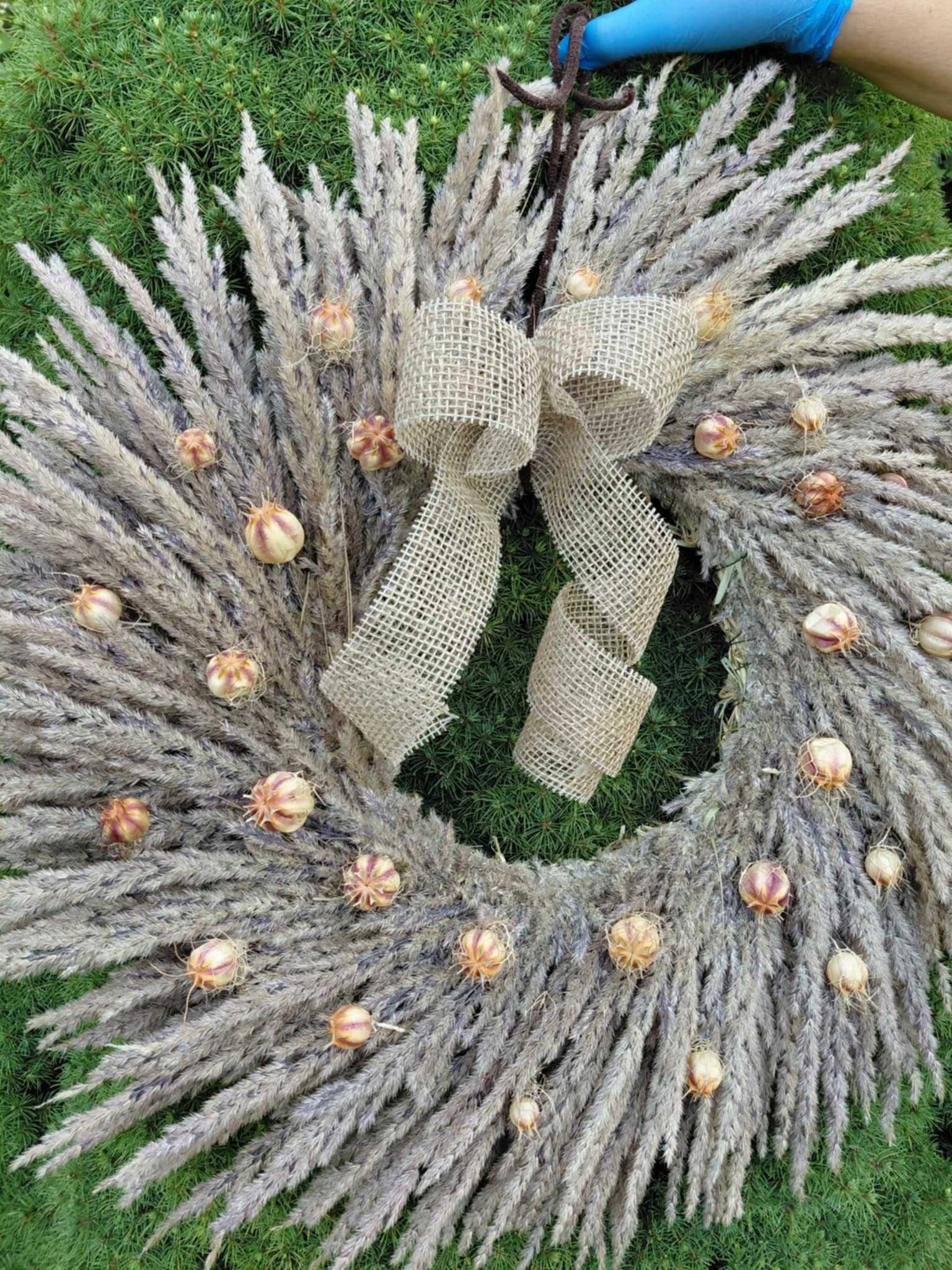 duży 60 cm BOHO wianek na drzwi, na taras, naturalny, z trawy