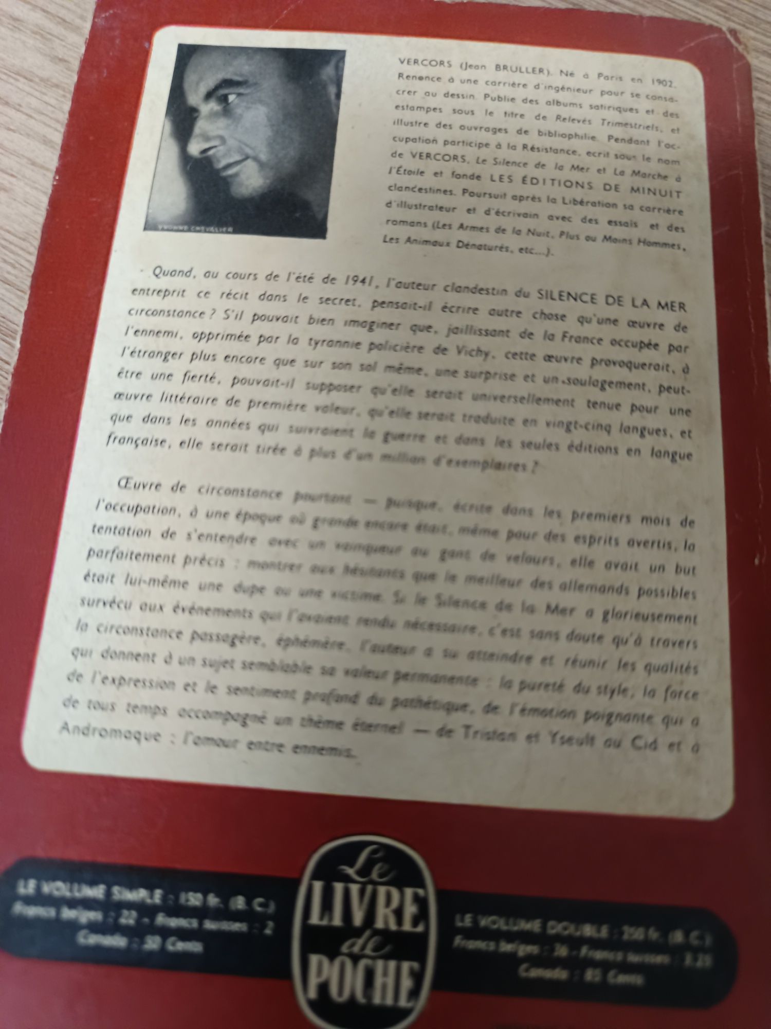 Le livre de poche. "Le silence de La Mer" 1951com 182 páginas.