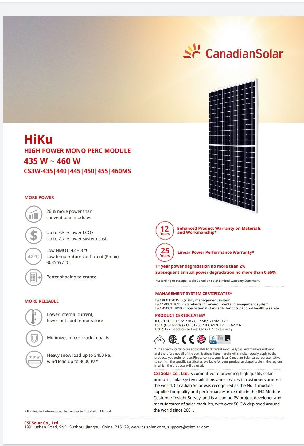 Canadian Solar 455W 450W Painel Fotovoltaico Mono Monocristalino Hall