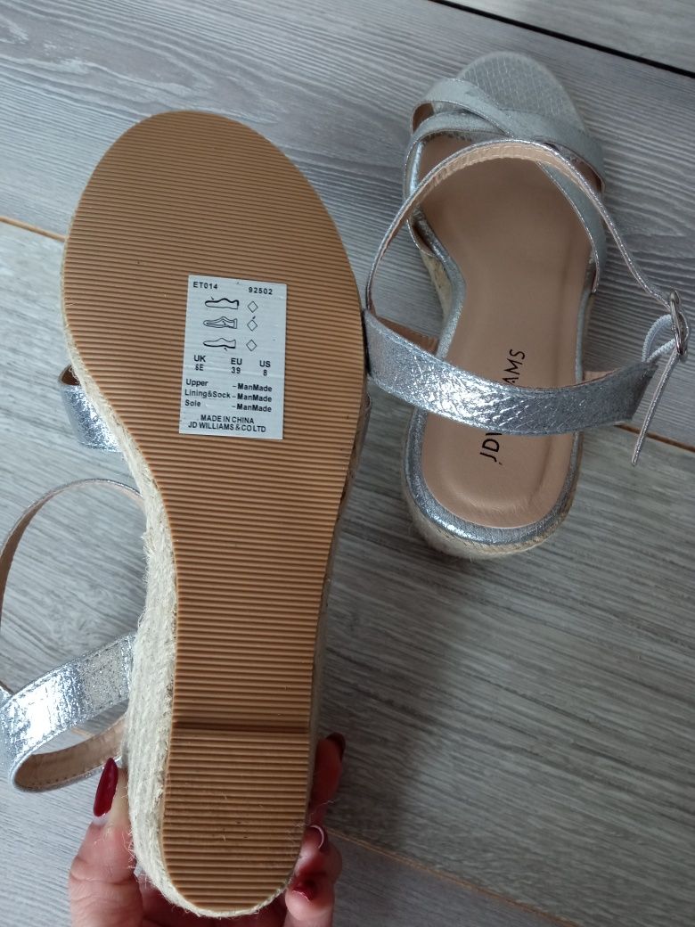 Jd williams nowe sandały buty na koturnie koturny espadryle srebrne 39