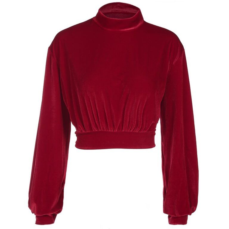 Bordowy welurowy crop top z długim rękawem stójką M