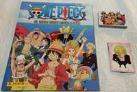 1 caderneta + 51 cromos + 7 cartas one piece panini