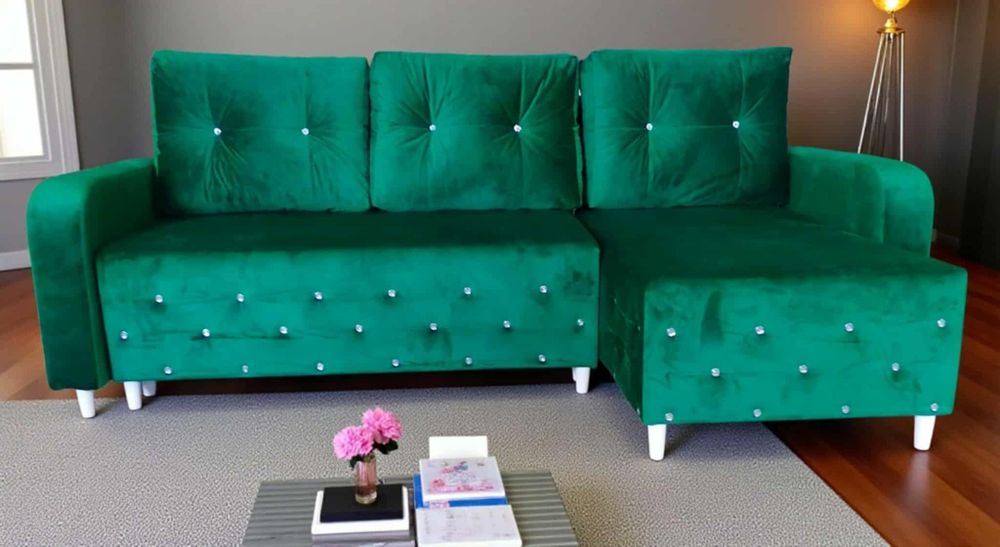 Narożnik rozkładany Glamour z pojemnikiem Rogówka z funkcją spania