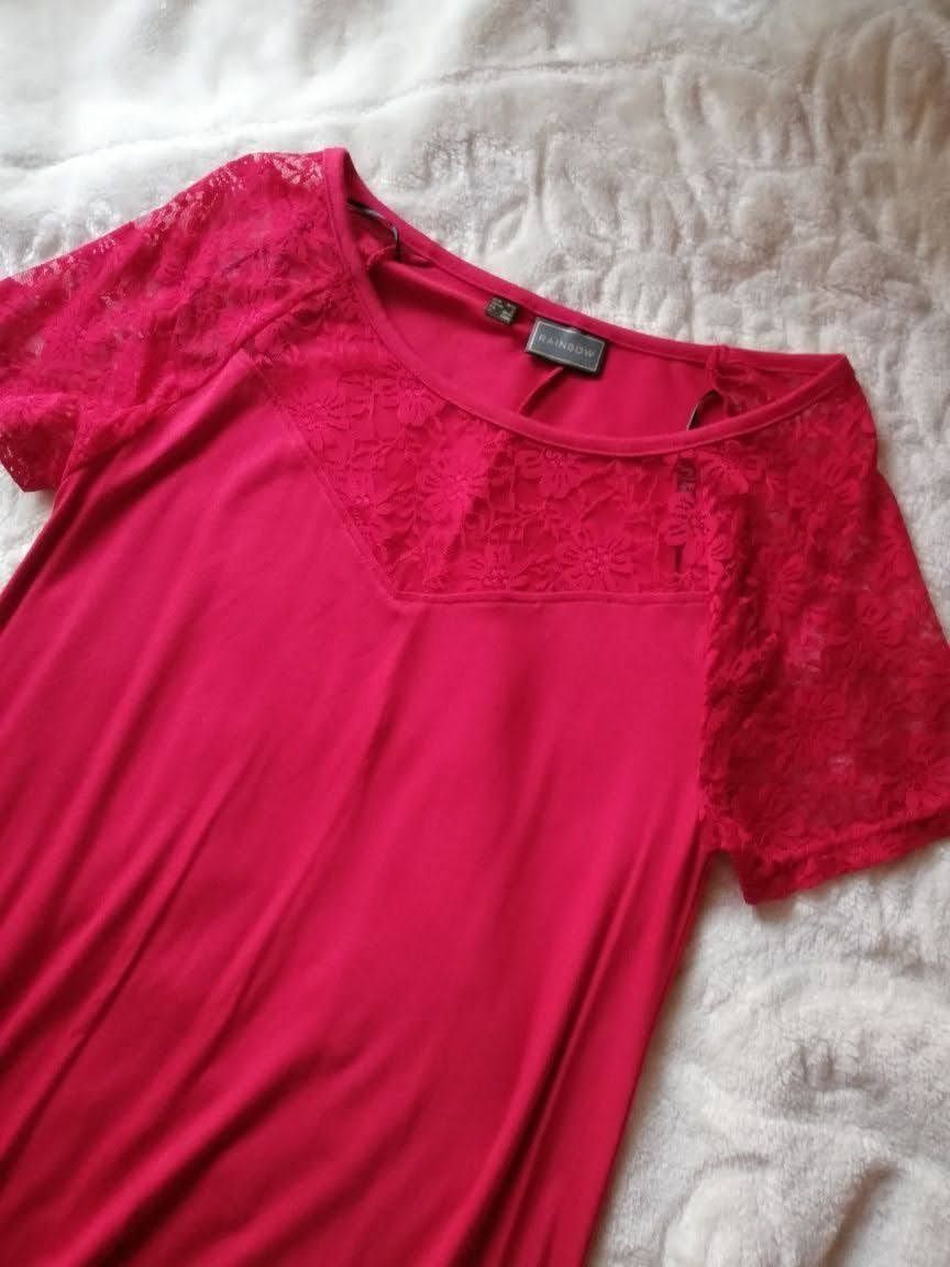 Nowa sukienka trapezowa, wstawki z koronki, czerwona, M,100 % bawełna