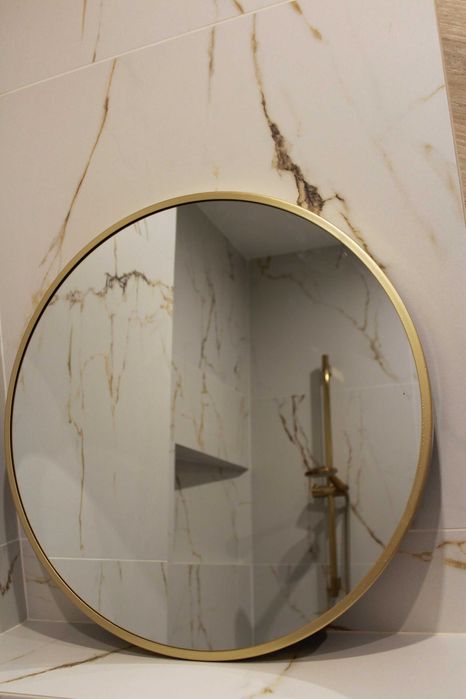 Lustro okrągłe złote w grubej ramie ścienne, do postawienia łazienka