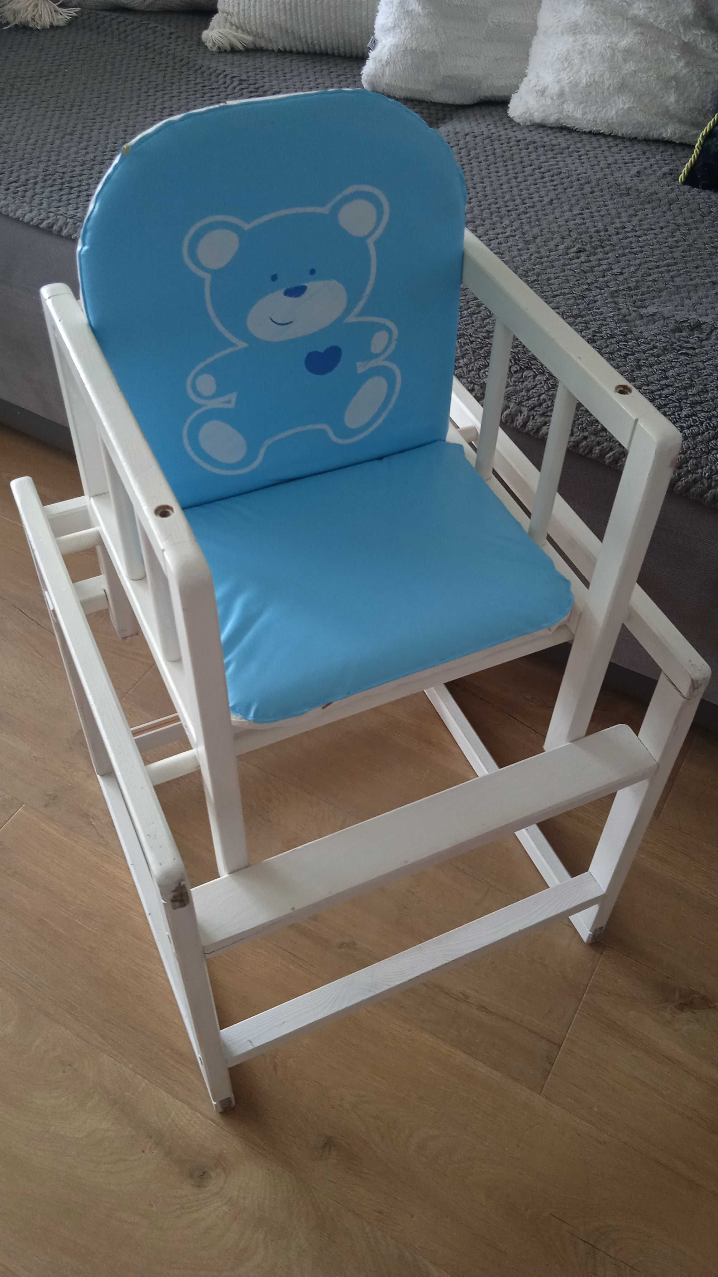 Krzesełko do karmienia 2w1 drewno białe siedzisko błękit 84x46x44 cm