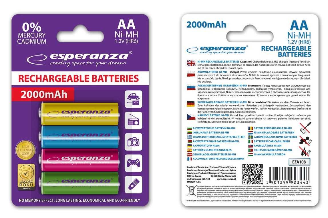 Akumulatorki Esperanza NI-MH R6 AA 2000 mAh blister 4szt. mix kolorów