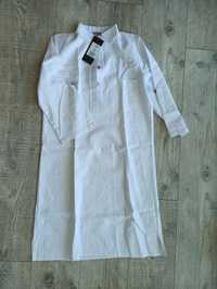 Літня льняна білосніжна сукня, плаття-сорочка з комірцем стійкою