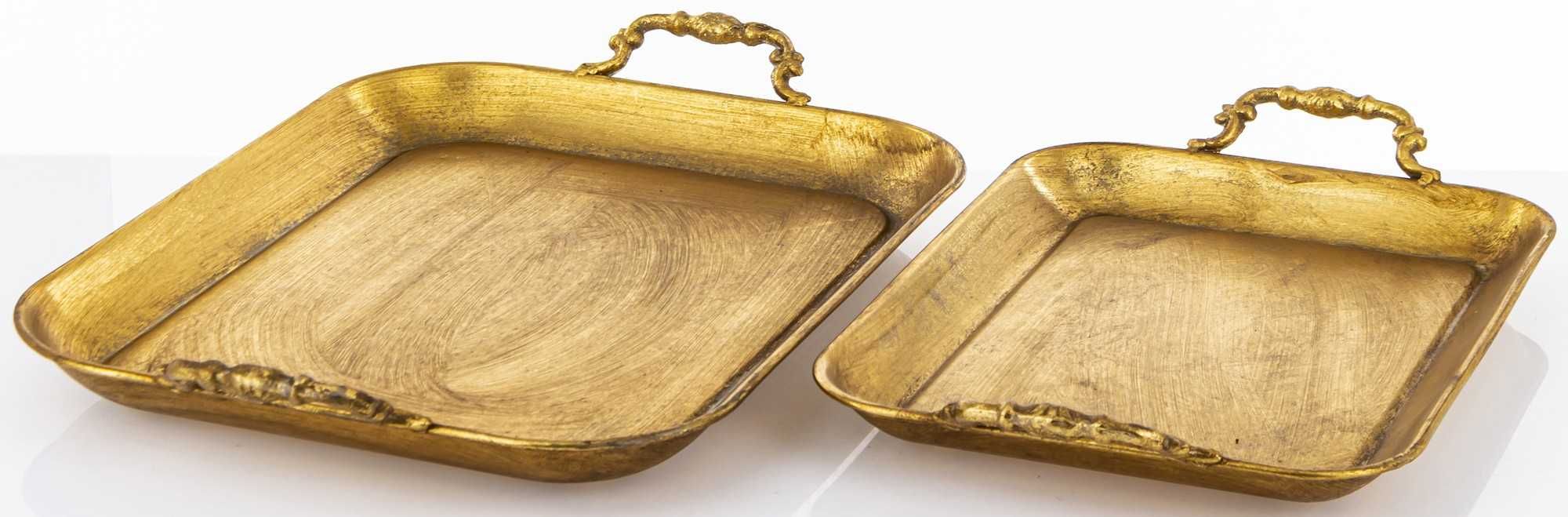 Komplet 2 x złota metalowa postarzana dekoracyjna taca retro 157667