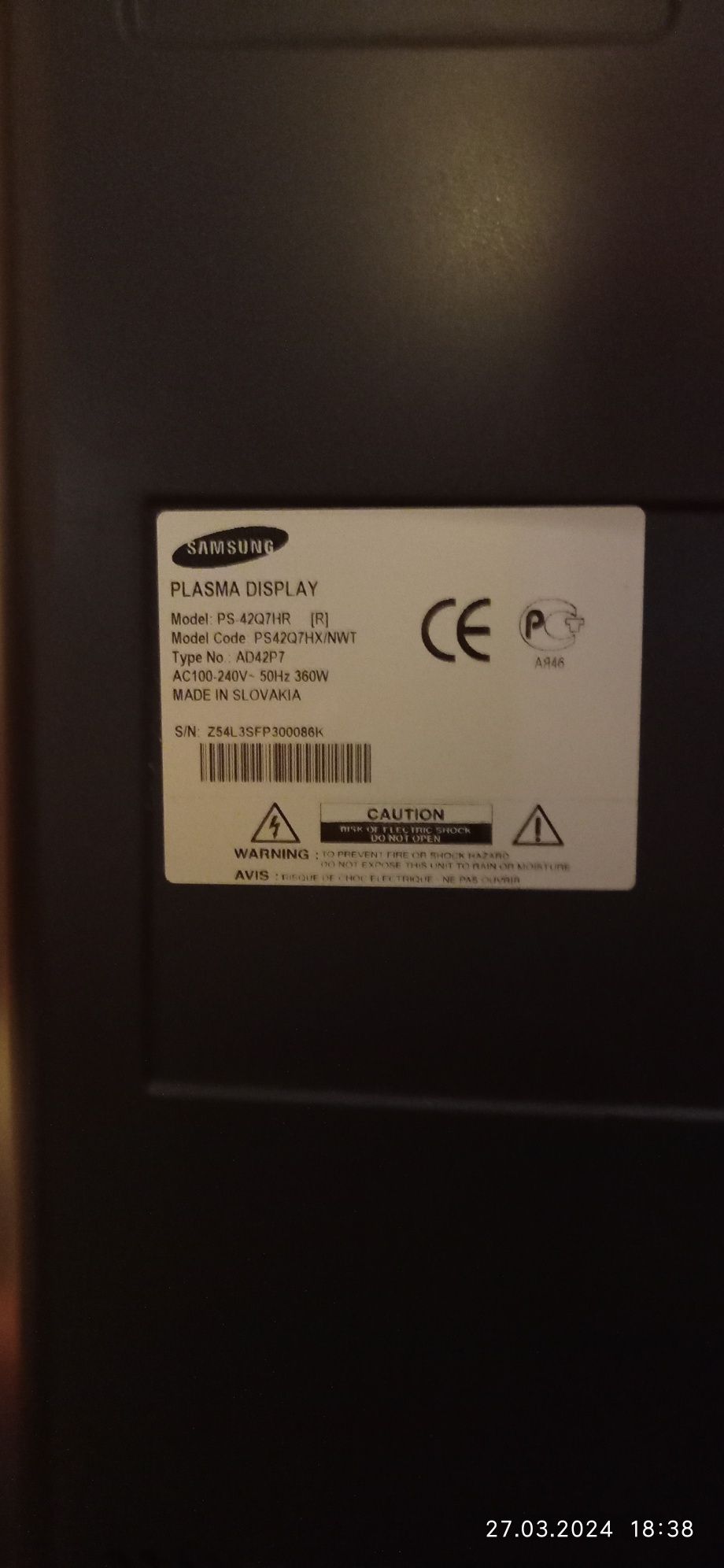 Plasma Display Samsung Model code   PS42Q7HX/NWT TYPE AD42P7