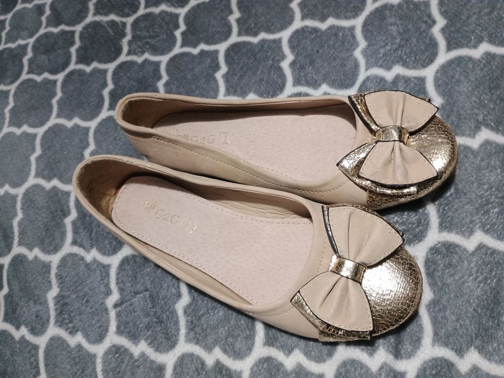 Botki baleriny damskie beż złoto brąz kokardka niski obcas 1 cm r. 37