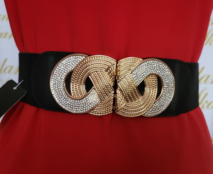 Pasek damski ELASTYCZNY guma czarna złota ósemka z cyrkoniami