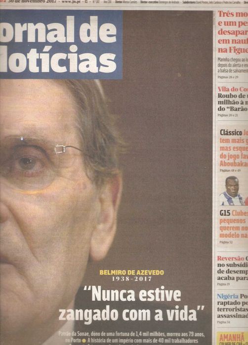 Belmiro de Azevedo 1938/2017 na capa do JN