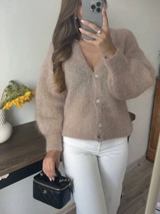 Beżowy mocha mokka sweterek kardigan moherowy kid moher 36 38 S M