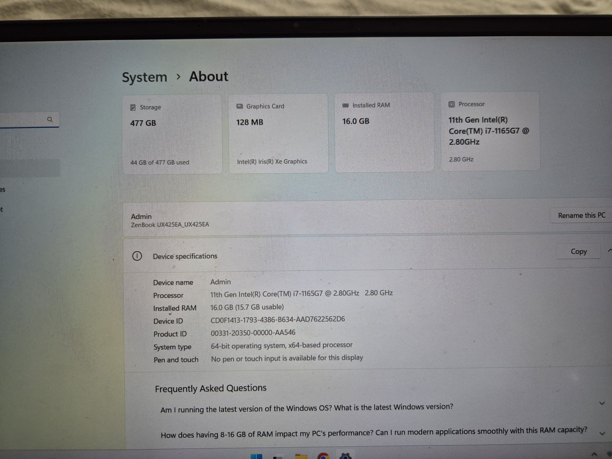 ASUS ZenBook 14″ UX425E FHD i7-1165G7 Intel Iris Xe 16GB 512GB SSD