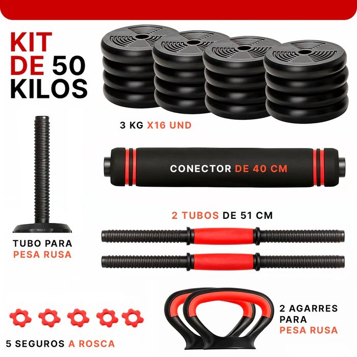 Kit 50kg Halteres Barra kettlebell