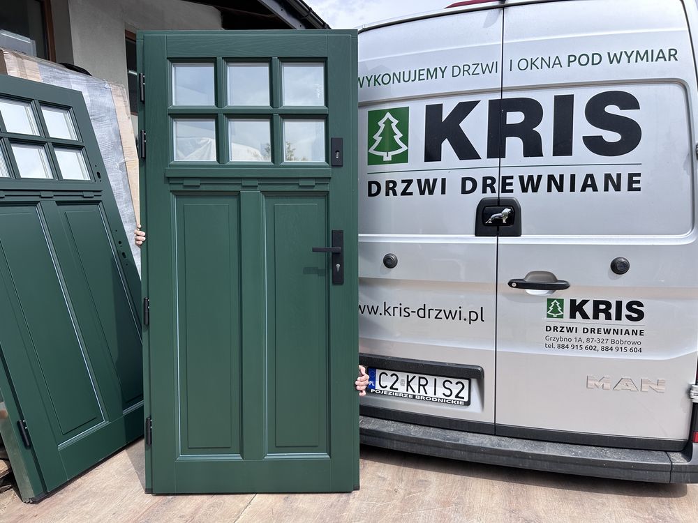 Drzwi zewnętrzne drewniane  zielone Czyste powietrze Montaż PL