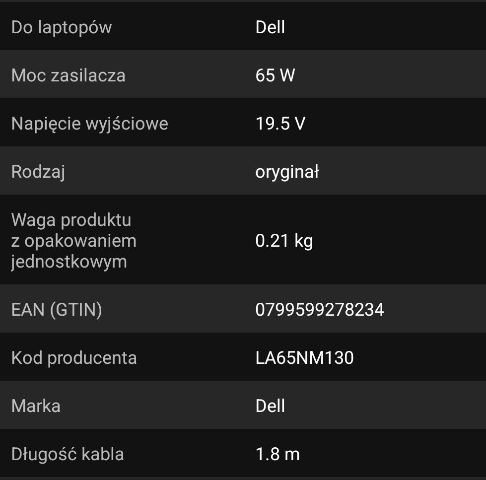 Oryginalny zasilacz DELL 65W LA65NM130 19.5V 3.34A