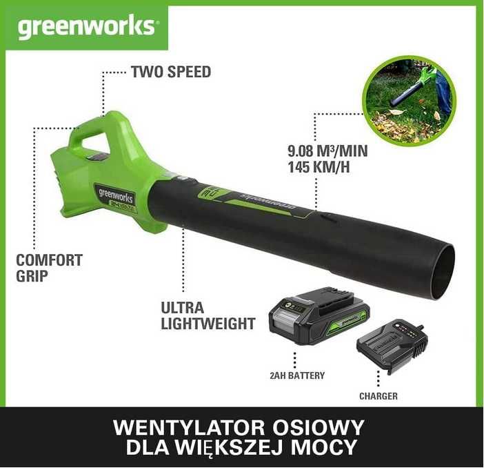 Dmuchawa Akumulatorowa Do Liści Greenworks 24V 2Ah 145km/h #427243