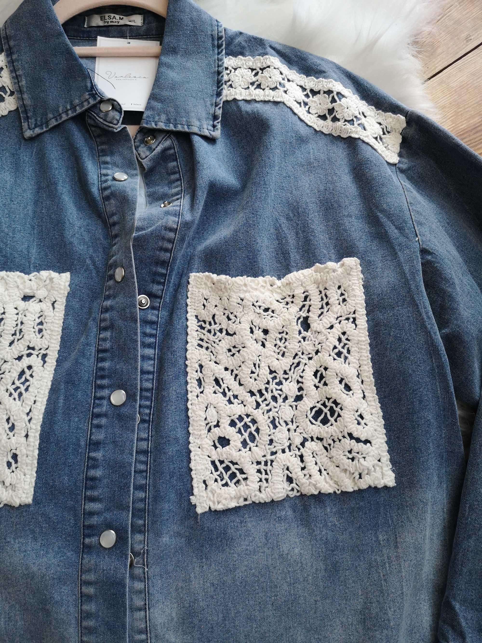 Koszula jeansowa 38 M 40 L Varlesca koronka boho oversize nowa