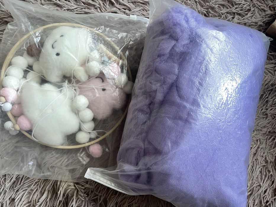 Фіолетовий балдахін на ліжечко + деревяний мобіль