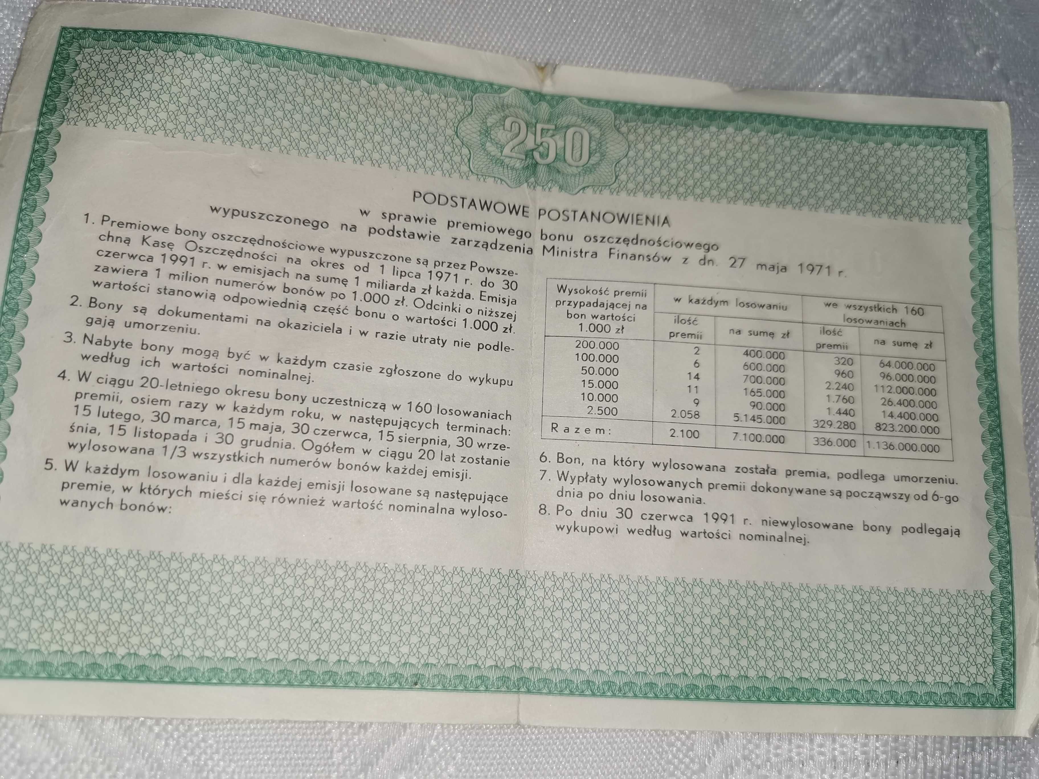 Premiowy bon oszczędnościowy, 250 zł, PKO, PRL.