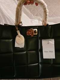 Nowa,włoska torebka Alex-Max z drewnianą rączką i odpinanym długim pas