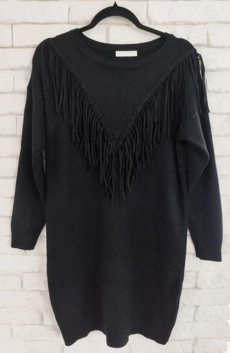 Włoska dzianinowa sukienka jak Kaszmir plus size XXL 44 46 frędzle
