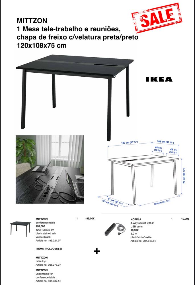 Mesa Teletrabalho e Reuniões c/ tomadas e USB - Mittzon (Preto)