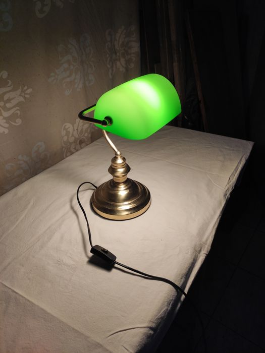 Lampa retro mosiężna  biurkowa z zielonym kloszem