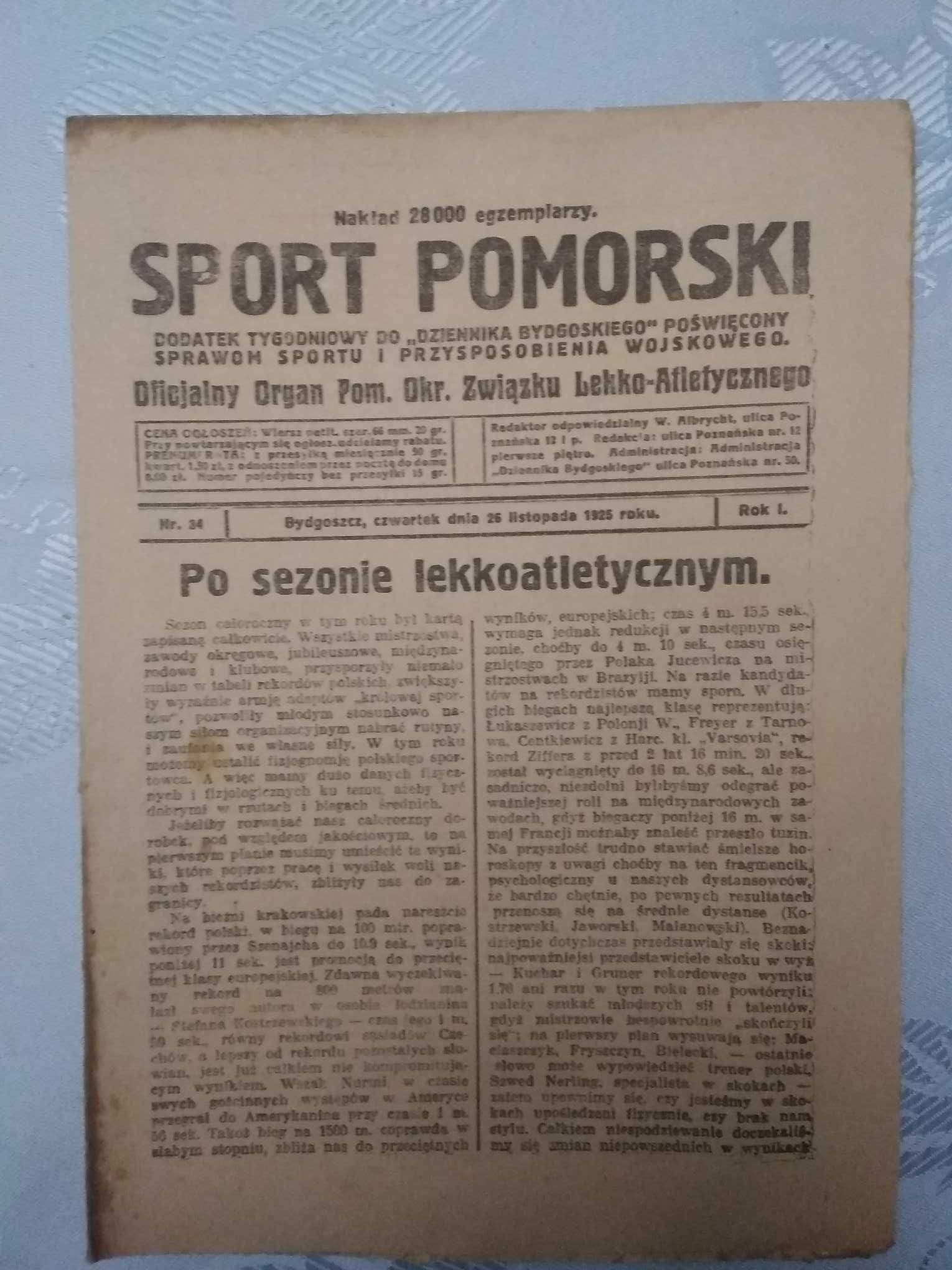 Sport Pomorski gazeta przedwojenna. Organ Związku Lekko-Atletycznego