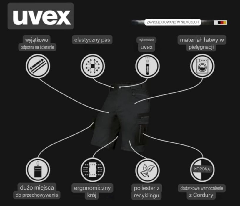 Uvex krótkie spodnie robocze premium 48 i 52
wytrzymały, elastyczny ma