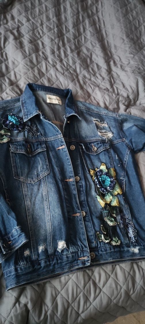 Bluza jeans katana kurtka granat haft dżety r.44 kwiaty dziury