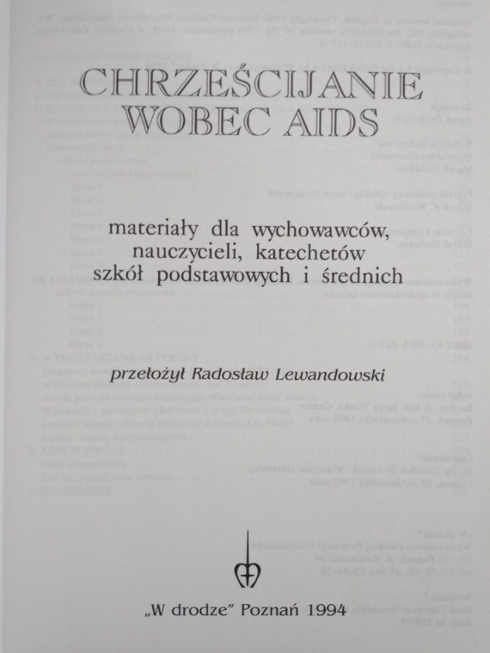 Chrześcijanie wobec AIDS materiały dla wychowawców nauczycieli kateche