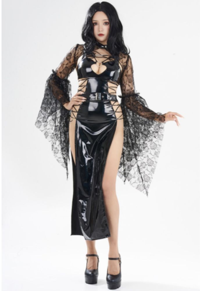 Czarna dluga sukienka cosplay goth koronkowe szerokie rękawy morticia