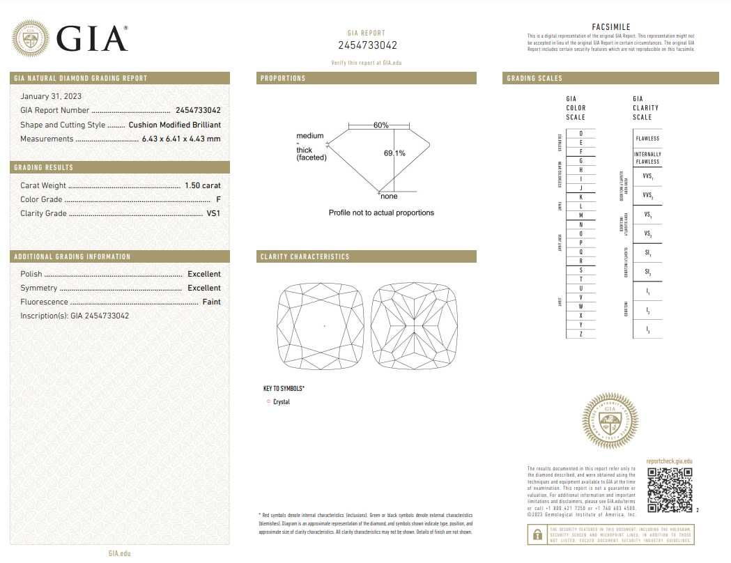 Diament Brylant 1.5 ct F / VS1 Cushion GIA