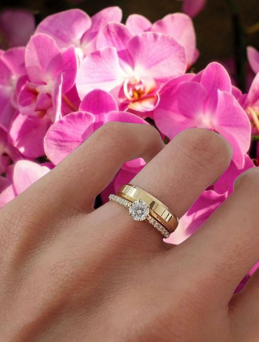 KOMPLET! Fazowana Złota Obrączka Ślubna + Pierścionek