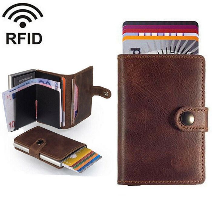 Carteira de Couro Fina - Slider Porta-Cartões Bloqueio RFID (Cor Cafe)