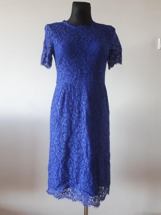 Nowa kobaltowa koronkowa sukienka midi Hobbs 42 klasyczna ołówkowa