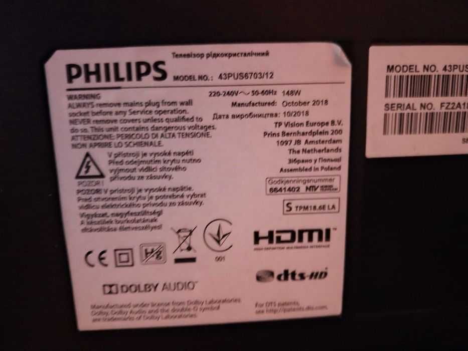 Telewizor 43" LED 4K Ultra HD Ambilight Philips Smart TV Netflix