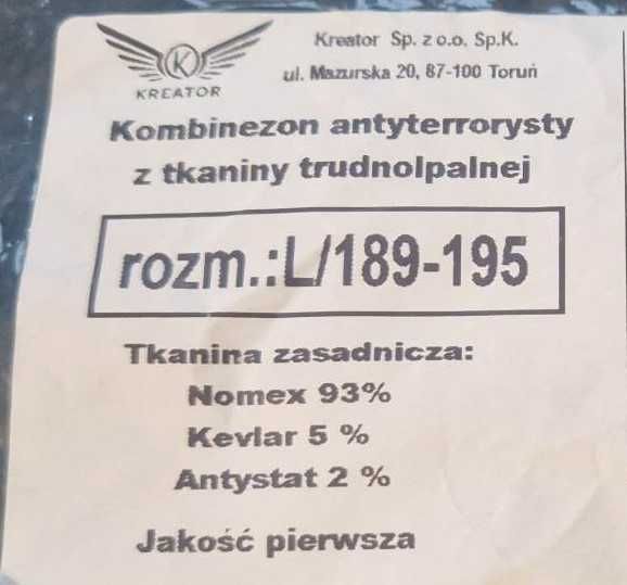 Kombinezon Antyterrorystyczny z tkaniny trudnopalnej - rozm. L