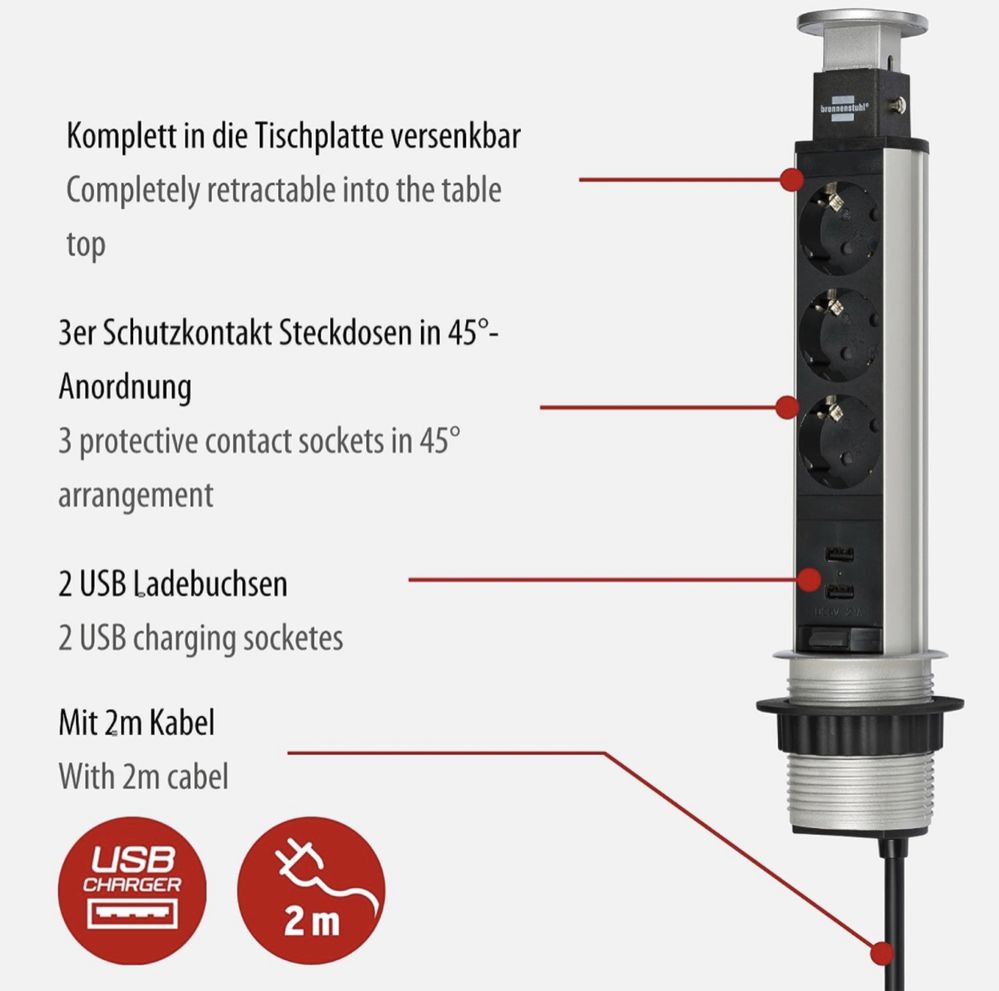 Torre de extensão de tomadas para embutir | 3 tomadas + 2 USB | 2 metros de cabo