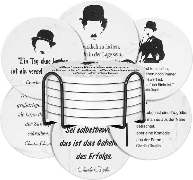 Zestaw Ceramicznych Podkładek Pod Kubek z Charlim Chaplinem 6 Sztuk