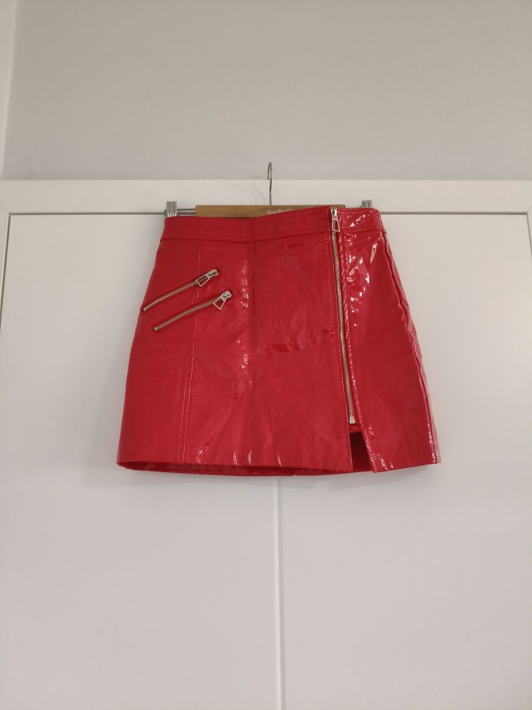 Latex skirt Red leather lateksowa spódnica skórzana M