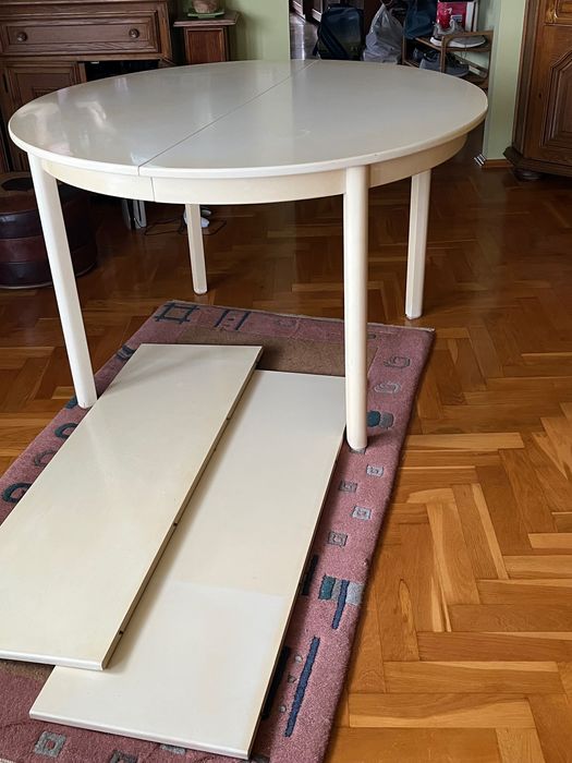 Sprzedam : Stół okrągły rozkładany biały używany, drewniany, 110 cm,