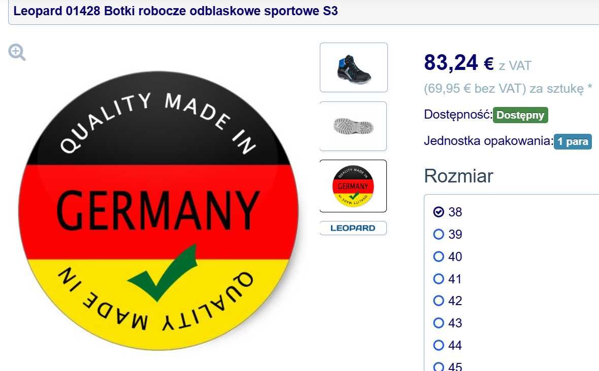 Leopard buty robocze lekkie oddychające Made in Germany 38