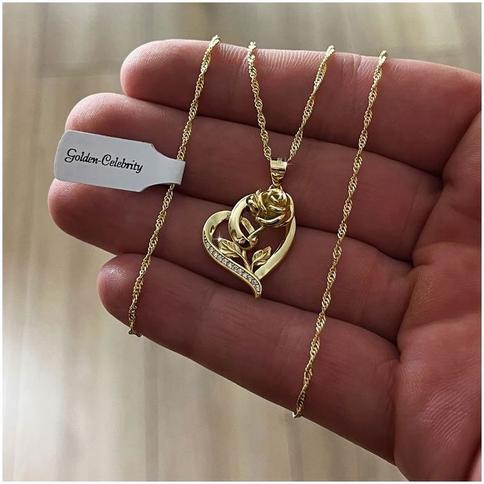 Złoty Łańcuszek Z Serduszkiem + Róża Wieczna Led Biżuteria Na Dzień Ma