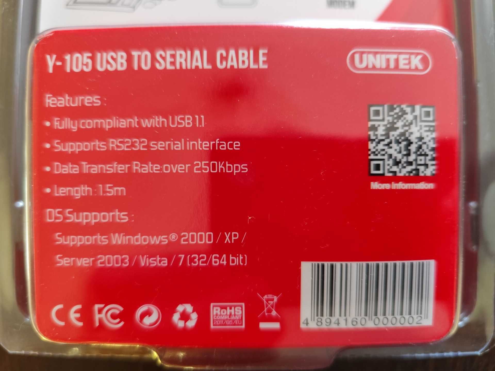 Adapter konwerter Unitek Y-105 USB -> Serial RS232 COM 1,5m NOWY FV23