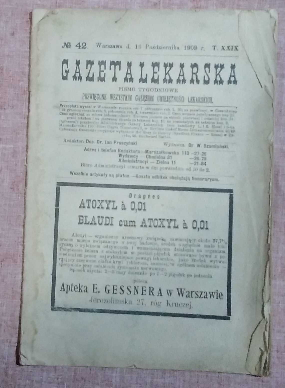 Gazeta Lekarska 1909  rok  unikat