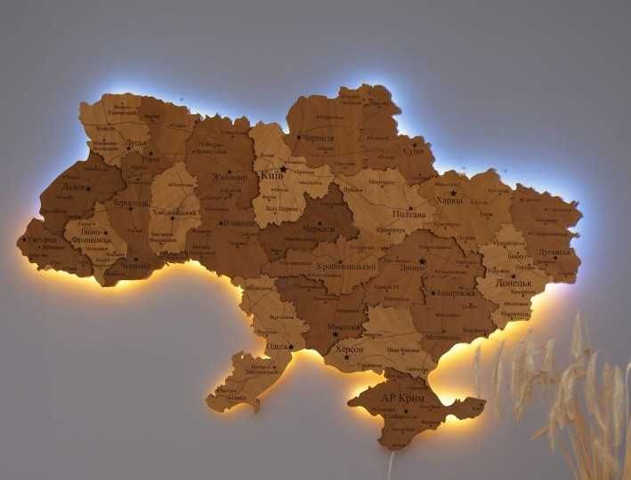 Дерев'яна мапа України з підсвіткою карта на стіну панно картина